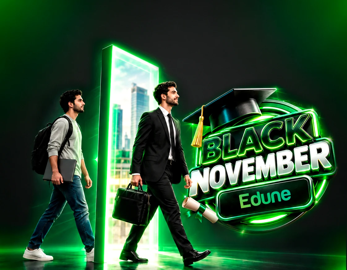 Dois profissionais seguem em dire&ccedil;&atilde;o a um portal iluminado em verde na campanha Black November Edune